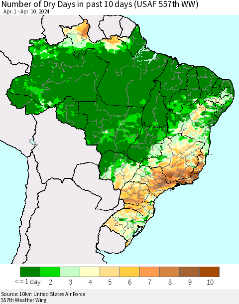 Brazil Number of Dry Days in past 10 days (USAF 557th WW) Thematic Map For 4/6/2024 - 4/10/2024