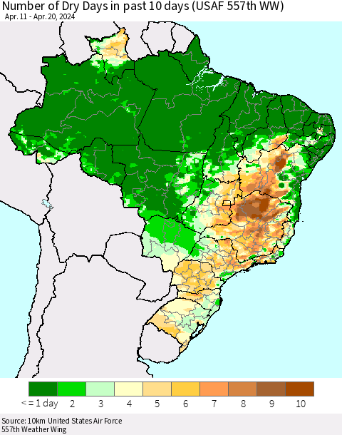 Brazil Number of Dry Days in past 10 days (USAF 557th WW) Thematic Map For 4/16/2024 - 4/20/2024