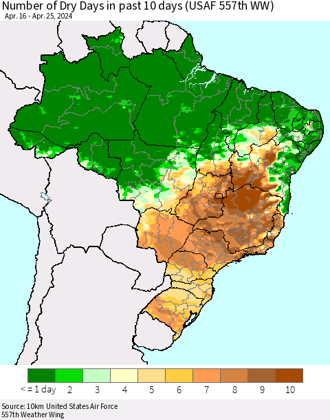 Brazil Number of Dry Days in past 10 days (USAF 557th WW) Thematic Map For 4/21/2024 - 4/25/2024