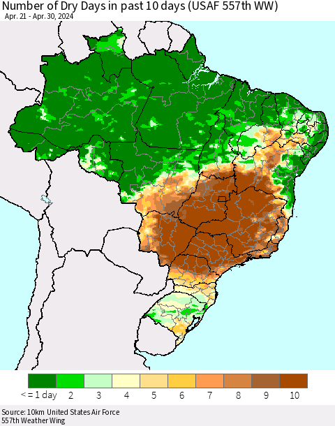 Brazil Number of Dry Days in past 10 days (USAF 557th WW) Thematic Map For 4/26/2024 - 4/30/2024