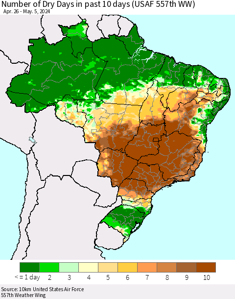 Brazil Number of Dry Days in past 10 days (USAF 557th WW) Thematic Map For 5/1/2024 - 5/5/2024