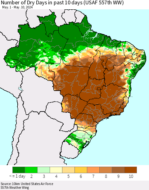 Brazil Number of Dry Days in past 10 days (USAF 557th WW) Thematic Map For 5/6/2024 - 5/10/2024