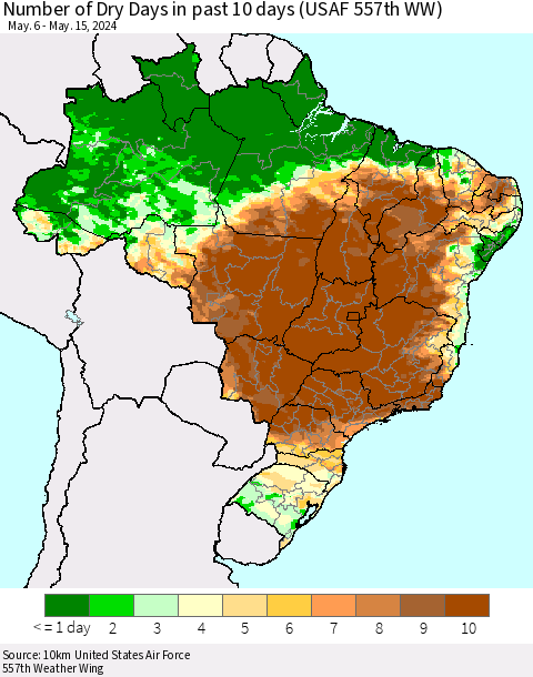 Brazil Number of Dry Days in past 10 days (USAF 557th WW) Thematic Map For 5/11/2024 - 5/15/2024