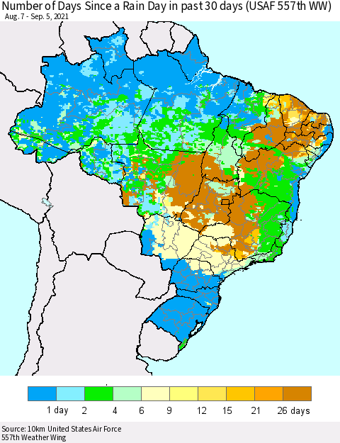 Brazil Number of Days Since a Rain Day in past 30 days (USAF 557th WW) Thematic Map For 9/1/2021 - 9/5/2021