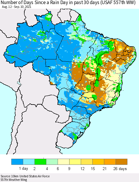 Brazil Number of Days Since a Rain Day in past 30 days (USAF 557th WW) Thematic Map For 9/6/2021 - 9/10/2021