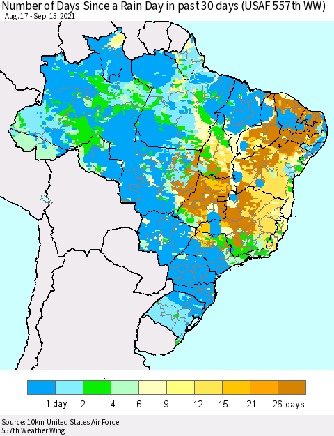 Brazil Number of Days Since a Rain Day in past 30 days (USAF 557th WW) Thematic Map For 9/11/2021 - 9/15/2021