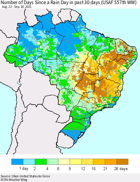 Brazil Number of Days Since a Rain Day in past 30 days (USAF 557th WW) Thematic Map For 9/16/2021 - 9/20/2021