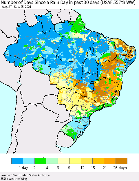 Brazil Number of Days Since a Rain Day in past 30 days (USAF 557th WW) Thematic Map For 9/21/2021 - 9/25/2021
