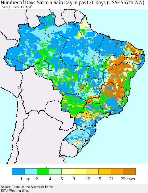 Brazil Number of Days Since a Rain Day in past 30 days (USAF 557th WW) Thematic Map For 9/26/2021 - 9/30/2021