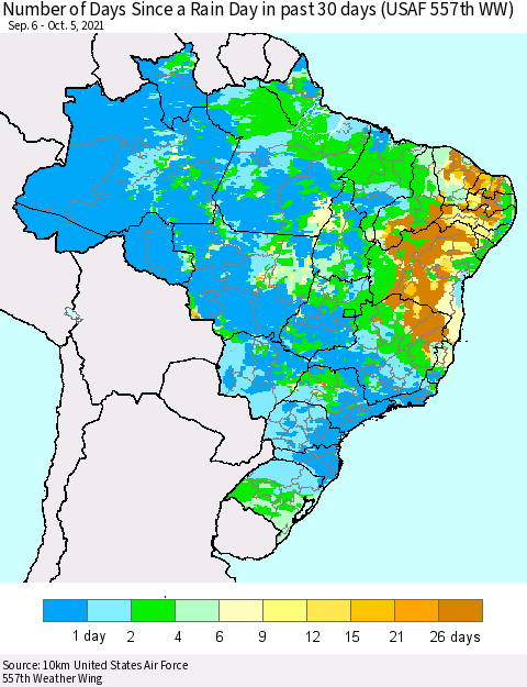 Brazil Number of Days Since a Rain Day in past 30 days (USAF 557th WW) Thematic Map For 10/1/2021 - 10/5/2021