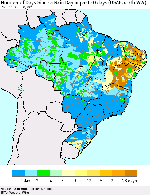 Brazil Number of Days Since a Rain Day in past 30 days (USAF 557th WW) Thematic Map For 10/6/2021 - 10/10/2021