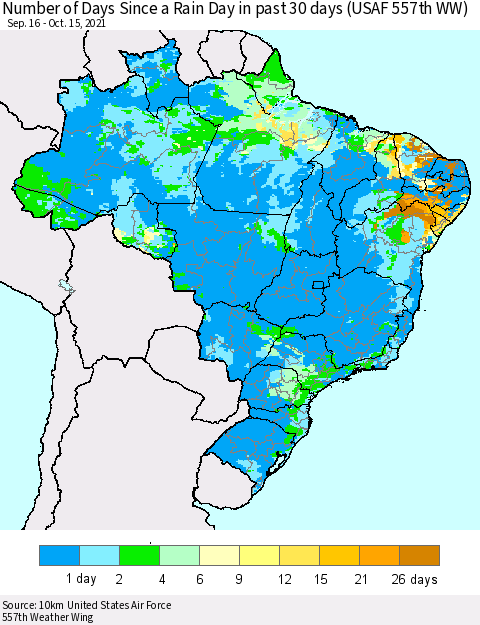 Brazil Number of Days Since a Rain Day in past 30 days (USAF 557th WW) Thematic Map For 10/11/2021 - 10/15/2021