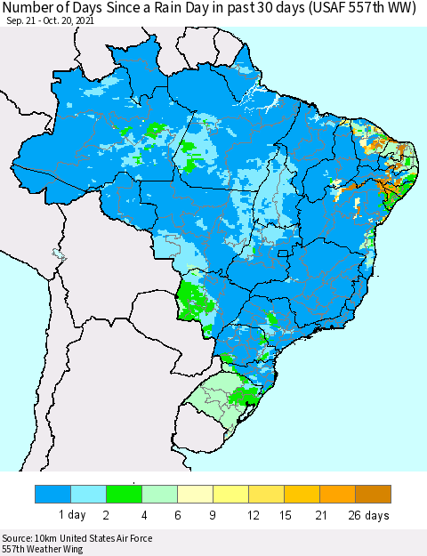 Brazil Number of Days Since a Rain Day in past 30 days (USAF 557th WW) Thematic Map For 10/16/2021 - 10/20/2021