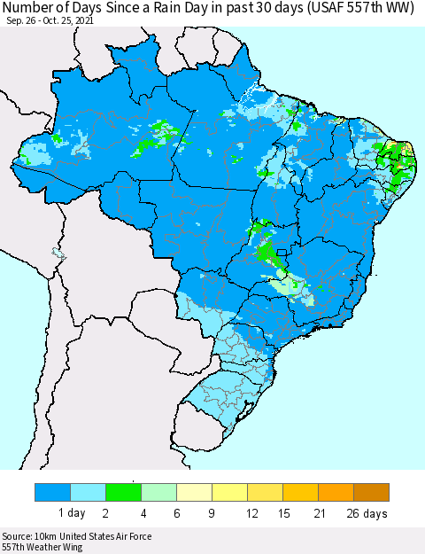 Brazil Number of Days Since a Rain Day in past 30 days (USAF 557th WW) Thematic Map For 10/21/2021 - 10/25/2021
