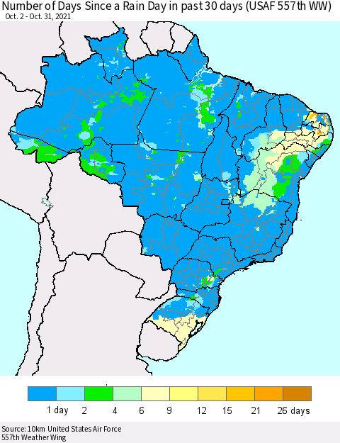 Brazil Number of Days Since a Rain Day in past 30 days (USAF 557th WW) Thematic Map For 10/26/2021 - 10/31/2021