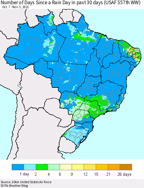 Brazil Number of Days Since a Rain Day in past 30 days (USAF 557th WW) Thematic Map For 11/1/2021 - 11/5/2021