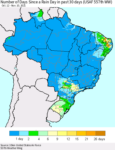 Brazil Number of Days Since a Rain Day in past 30 days (USAF 557th WW) Thematic Map For 11/6/2021 - 11/10/2021