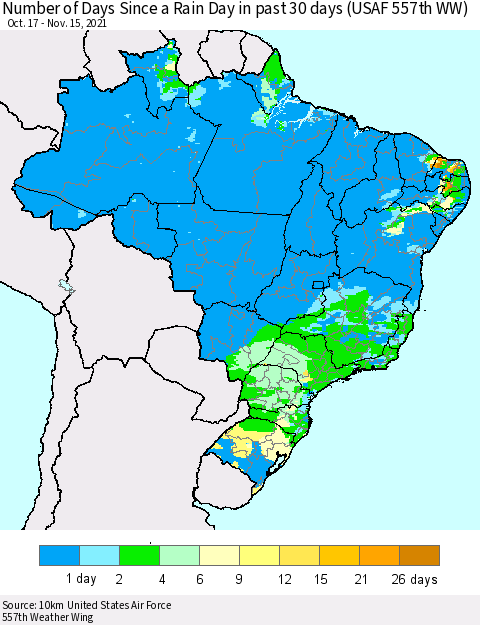 Brazil Number of Days Since a Rain Day in past 30 days (USAF 557th WW) Thematic Map For 11/11/2021 - 11/15/2021