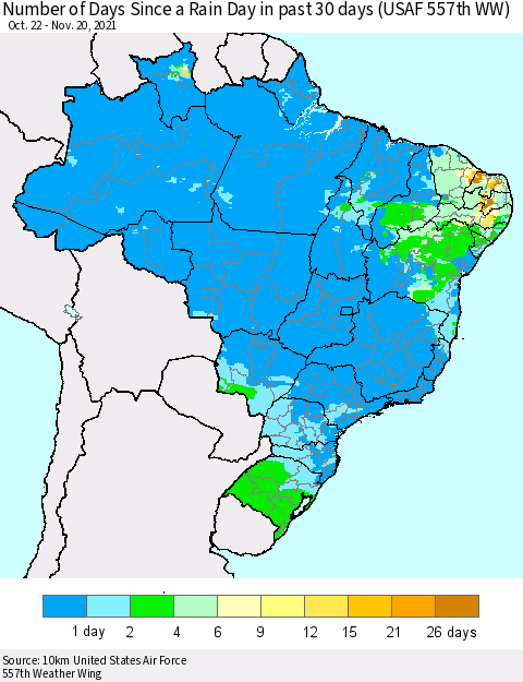 Brazil Number of Days Since a Rain Day in past 30 days (USAF 557th WW) Thematic Map For 11/16/2021 - 11/20/2021