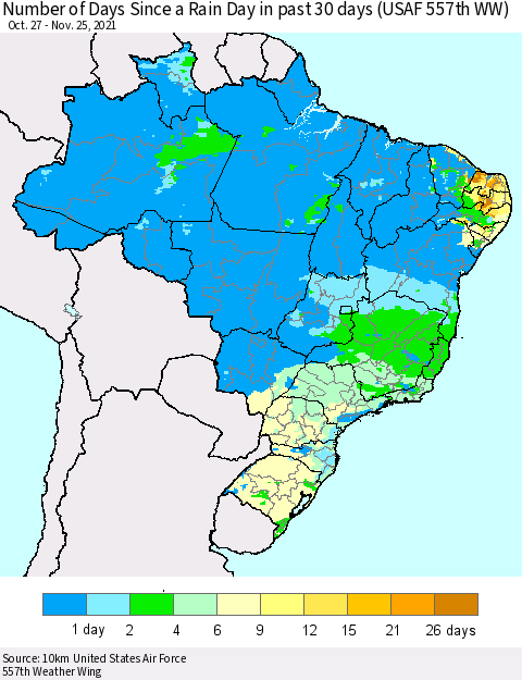 Brazil Number of Days Since a Rain Day in past 30 days (USAF 557th WW) Thematic Map For 11/21/2021 - 11/25/2021