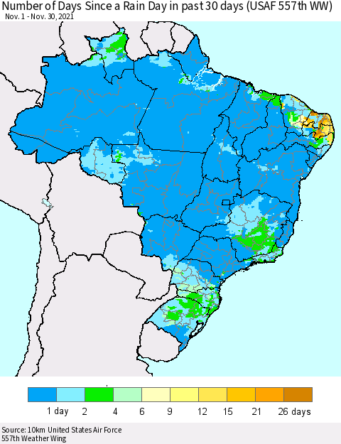 Brazil Number of Days Since a Rain Day in past 30 days (USAF 557th WW) Thematic Map For 11/26/2021 - 11/30/2021