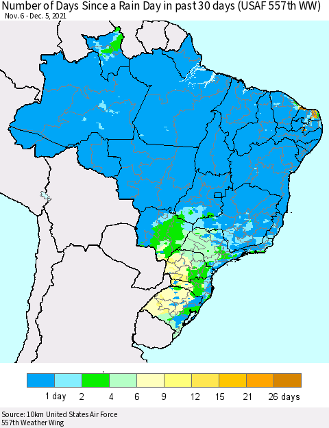 Brazil Number of Days Since a Rain Day in past 30 days (USAF 557th WW) Thematic Map For 12/1/2021 - 12/5/2021