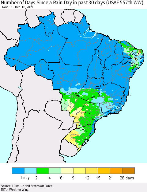 Brazil Number of Days Since a Rain Day in past 30 days (USAF 557th WW) Thematic Map For 12/6/2021 - 12/10/2021