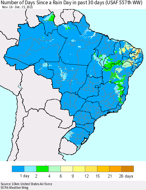 Brazil Number of Days Since a Rain Day in past 30 days (USAF 557th WW) Thematic Map For 12/11/2021 - 12/15/2021