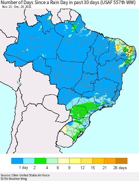 Brazil Number of Days Since a Rain Day in past 30 days (USAF 557th WW) Thematic Map For 12/16/2021 - 12/20/2021