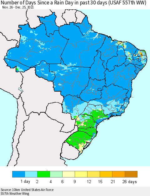 Brazil Number of Days Since a Rain Day in past 30 days (USAF 557th WW) Thematic Map For 12/21/2021 - 12/25/2021