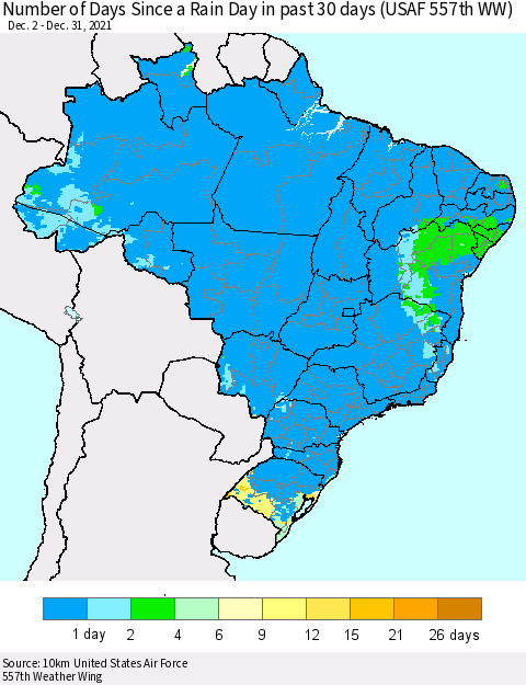 Brazil Number of Days Since a Rain Day in past 30 days (USAF 557th WW) Thematic Map For 12/26/2021 - 12/31/2021