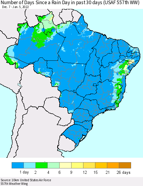 Brazil Number of Days Since a Rain Day in past 30 days (USAF 557th WW) Thematic Map For 1/1/2022 - 1/5/2022