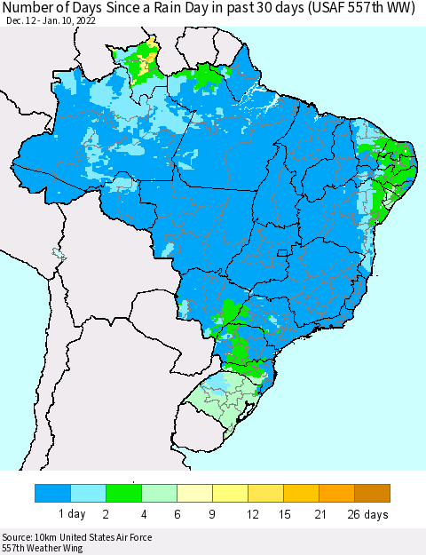 Brazil Number of Days Since a Rain Day in past 30 days (USAF 557th WW) Thematic Map For 1/6/2022 - 1/10/2022