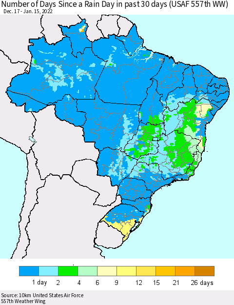 Brazil Number of Days Since a Rain Day in past 30 days (USAF 557th WW) Thematic Map For 1/11/2022 - 1/15/2022