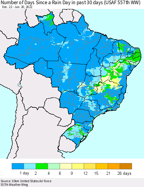 Brazil Number of Days Since a Rain Day in past 30 days (USAF 557th WW) Thematic Map For 1/16/2022 - 1/20/2022