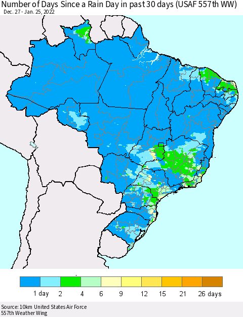 Brazil Number of Days Since a Rain Day in past 30 days (USAF 557th WW) Thematic Map For 1/21/2022 - 1/25/2022