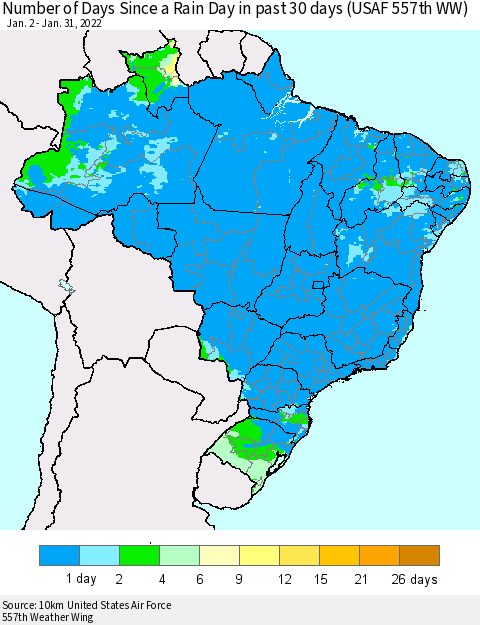 Brazil Number of Days Since a Rain Day in past 30 days (USAF 557th WW) Thematic Map For 1/26/2022 - 1/31/2022