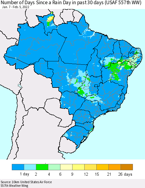 Brazil Number of Days Since a Rain Day in past 30 days (USAF 557th WW) Thematic Map For 2/1/2022 - 2/5/2022