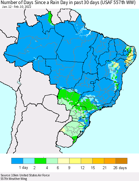 Brazil Number of Days Since a Rain Day in past 30 days (USAF 557th WW) Thematic Map For 2/6/2022 - 2/10/2022