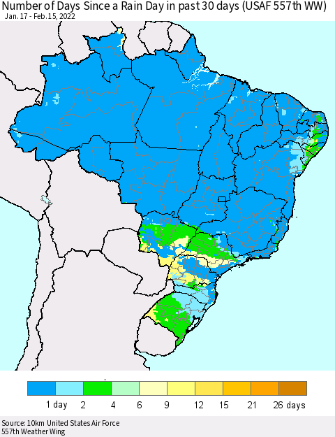 Brazil Number of Days Since a Rain Day in past 30 days (USAF 557th WW) Thematic Map For 2/11/2022 - 2/15/2022