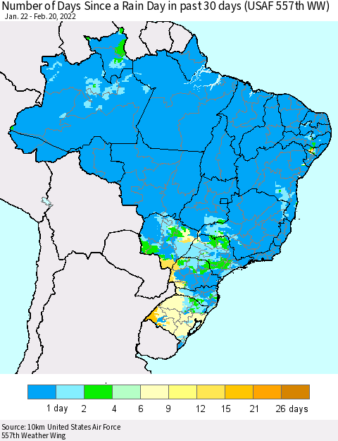 Brazil Number of Days Since a Rain Day in past 30 days (USAF 557th WW) Thematic Map For 2/16/2022 - 2/20/2022