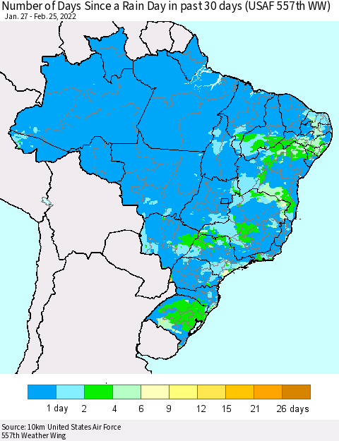 Brazil Number of Days Since a Rain Day in past 30 days (USAF 557th WW) Thematic Map For 2/21/2022 - 2/25/2022
