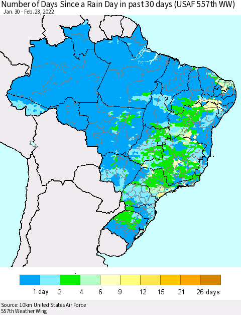 Brazil Number of Days Since a Rain Day in past 30 days (USAF 557th WW) Thematic Map For 2/26/2022 - 2/28/2022