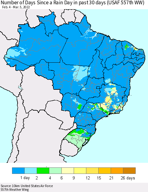 Brazil Number of Days Since a Rain Day in past 30 days (USAF 557th WW) Thematic Map For 3/1/2022 - 3/5/2022