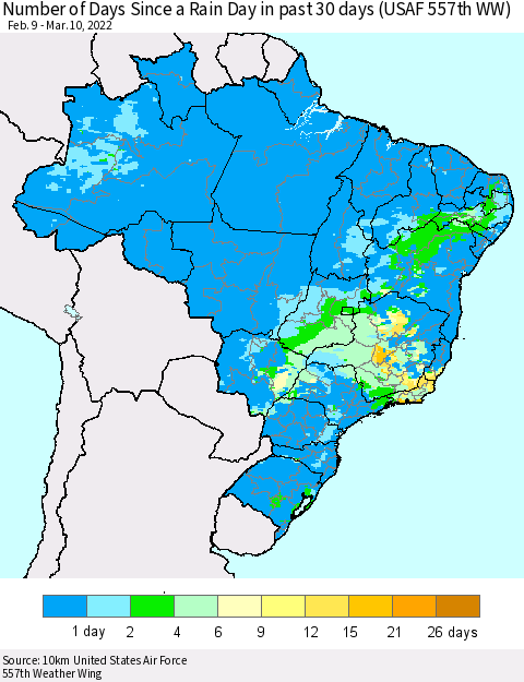 Brazil Number of Days Since a Rain Day in past 30 days (USAF 557th WW) Thematic Map For 3/6/2022 - 3/10/2022