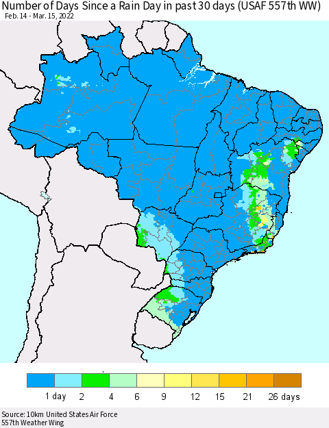 Brazil Number of Days Since a Rain Day in past 30 days (USAF 557th WW) Thematic Map For 3/11/2022 - 3/15/2022