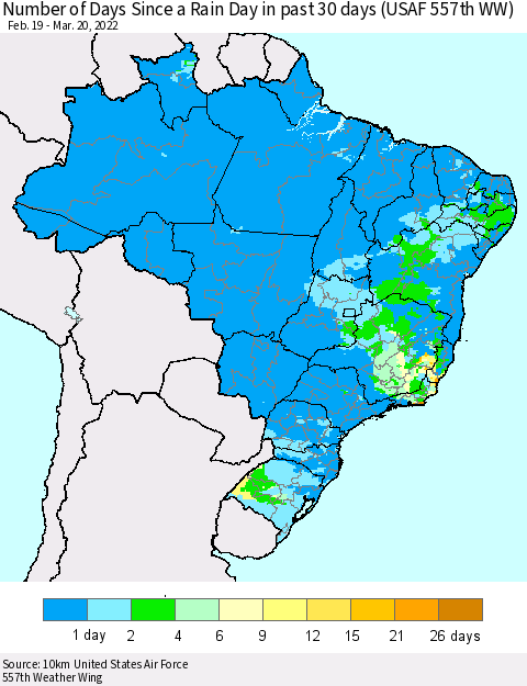 Brazil Number of Days Since a Rain Day in past 30 days (USAF 557th WW) Thematic Map For 3/16/2022 - 3/20/2022