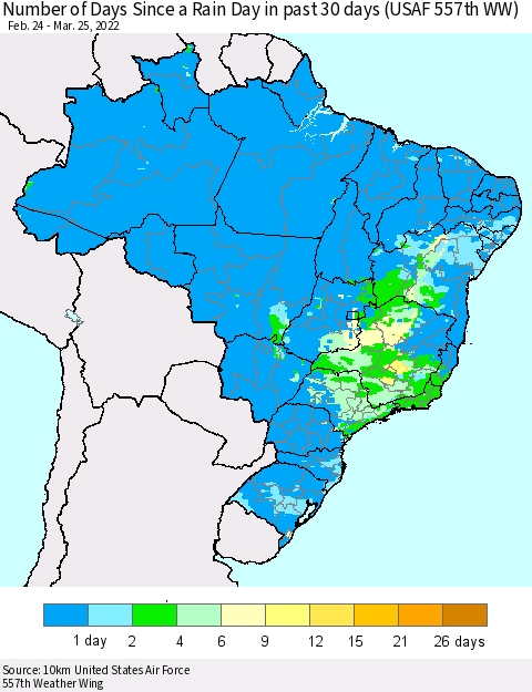 Brazil Number of Days Since a Rain Day in past 30 days (USAF 557th WW) Thematic Map For 3/21/2022 - 3/25/2022