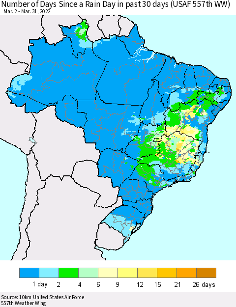 Brazil Number of Days Since a Rain Day in past 30 days (USAF 557th WW) Thematic Map For 3/26/2022 - 3/31/2022
