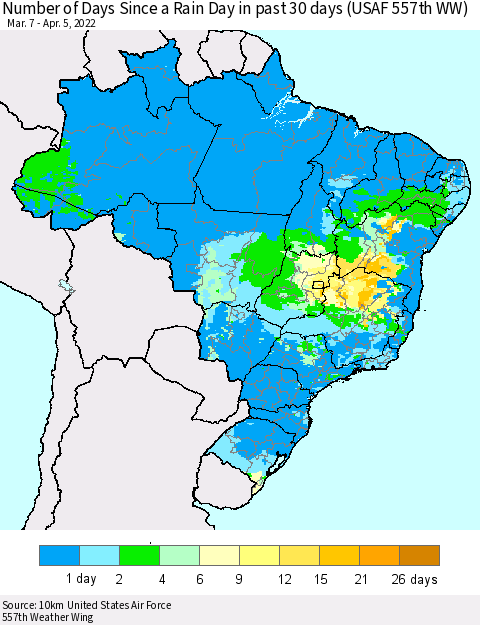Brazil Number of Days Since a Rain Day in past 30 days (USAF 557th WW) Thematic Map For 4/1/2022 - 4/5/2022